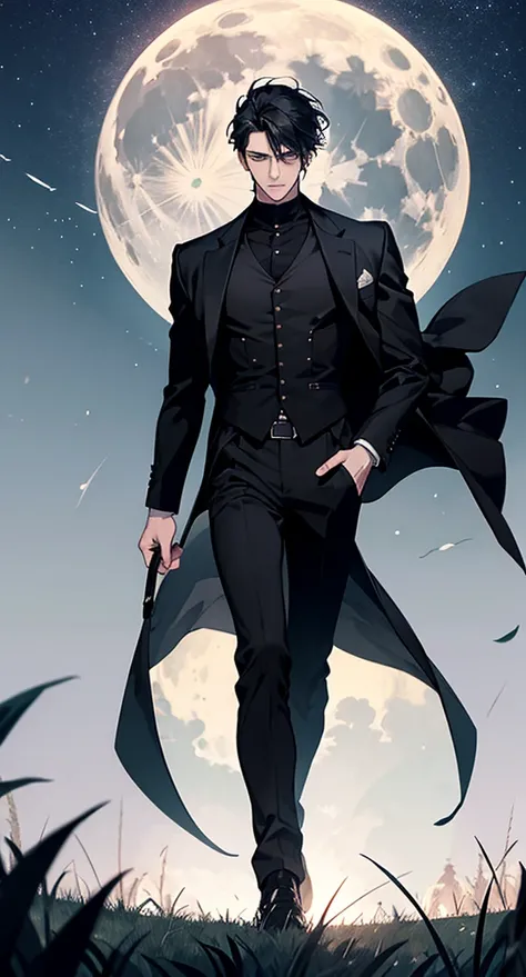  Depicting an authentic detective ，Standing in a meadow at night ， A tranquil and comfortable background ， Im wearing a black gothic ta ， The black jacket fits perfectly, The black bottoms are long pants and slender ，Handsome face，  seize the eyes ，  The m...