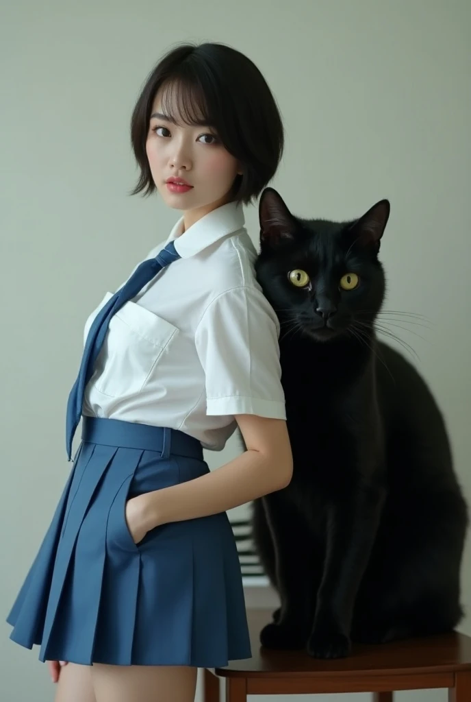 A photography, a girl, a young asian girl big breast, wearing white firm school uniform and blue short pant, short hair, very sexy, real human, and a big black cat with sexy man body