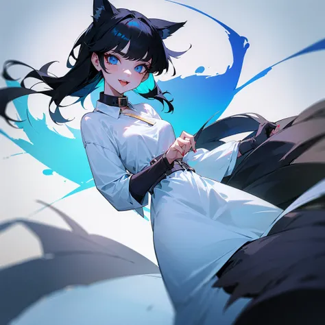 Beautiful girl with wolf ears wearing a white blouse with blue accents, wearing a collar, with fangs, with the inscription Keera, black hair. Written by Keera