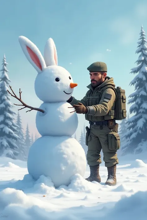 Draw Captain Price making a snowman in the shape of a bunny