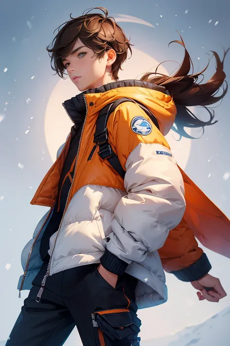 Teen boy , boy wears a winter jacket, female body but with penis, no chest, flat chest, brown hair, cute, no cest, beautiful long legs, highest quality, a winter background, cute face, female face,