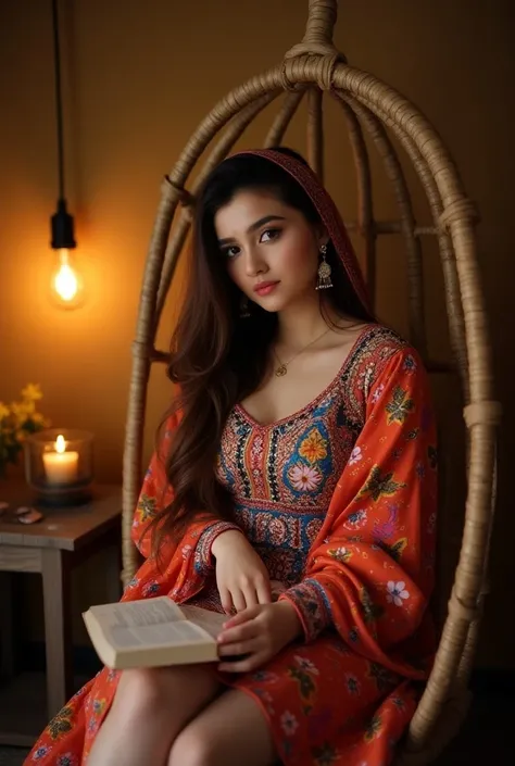 One Pakistani smart Girls big chest with colorful Pakistani fashion dress stylish attitude stylish poses doing makeup with side poze glasses background dressing Dupatta on the head blushing Looking down long brown hair big smile sunglasses 18 age reading a...