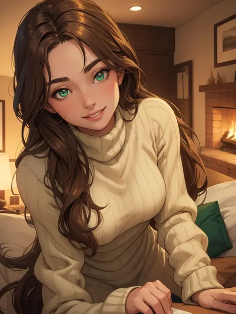 A stunning masterpiece of a high-res portrait of a beautifully detailed girl with long, shiny brown hair and mesmerizing green eyes, wearing a cozy sweater and flashing a gorgeous smile that accentuates her small yet perfectly-formed breasts.