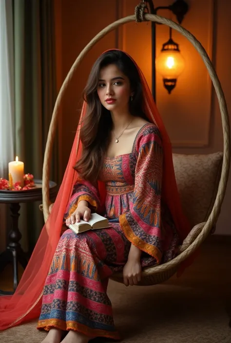 One Pakistani smart Girls big chest with colorful Pakistani fashion dress stylish attitude stylish poses doing makeup with side poze glasses background dressing Dupatta on the head blushing Looking down long brown hair big smile sunglasses 18 age reading a...