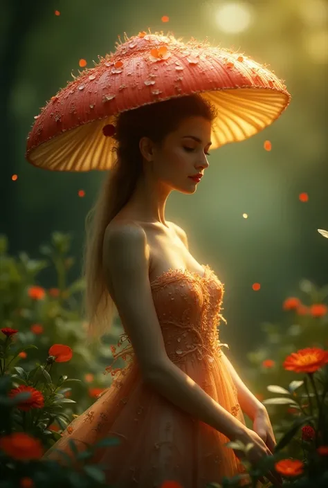 A beautiful Mushroom goddess using umbrella mushroom with the theme color of red gold and green 
