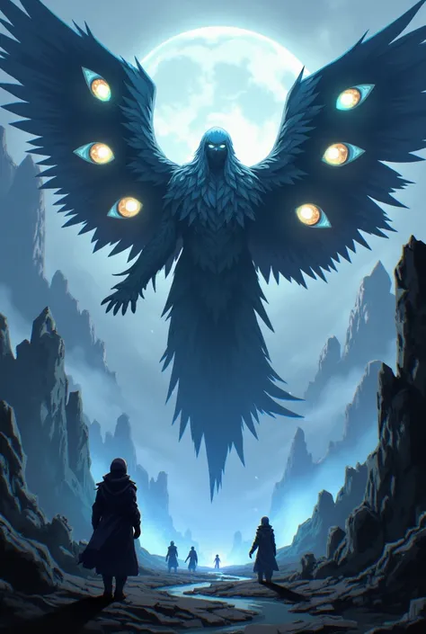 tkht 9315. The image is a digital drawing in a vibrant, dynamic anime style. The subject is A dark, Lovecraftian scene featuring a giant biblical angel, a Seraphim, with multiple eyes and six wings. The angel appears otherworldly, with each wing covered in...