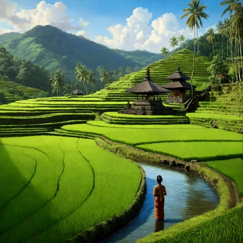 beautiful and pretty panorama painting of Indonesia Bali nature with green rice fields, clear river water, temple as a place of worship, terraced green rice fields seen from close up, a Balinese woman is praying at the pelinggih
version of oil painting can...