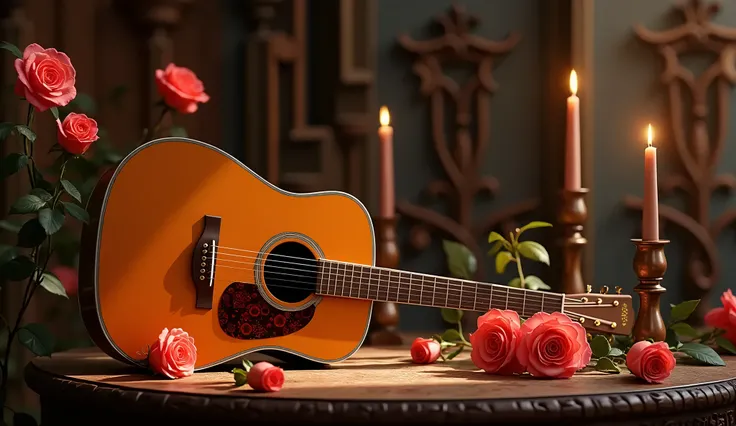 a beautiful detailed acoustic guitar, roses, candles, banister, intricate dark background, detailed, HDR, bright warm lighting, side lighting, vibrant colors