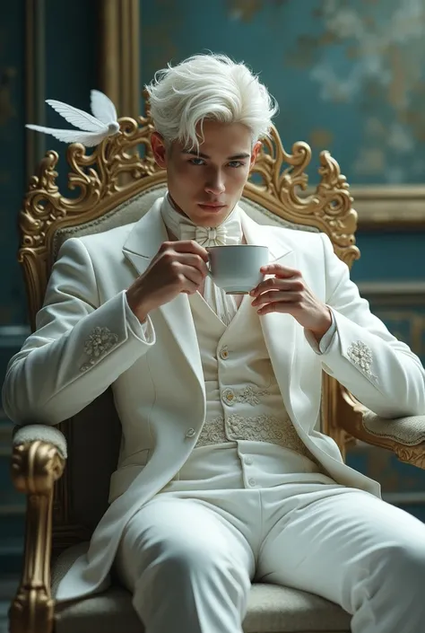 A tall 18-year-old man with white hair, blue eyes detailed, wearing a pretty white aristocratic dress, surrounded by a gleam of beauty, sitting in a chair, sipping coffee, low view, little fairy flying around.