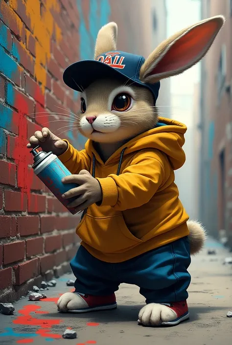 Créer moi une image dun lapin habillé en streetwear. Qui tient une bombe de peinture spray pour faire des graffiti. De la peinture coule un peu partout. Style street, hiphop, rap.