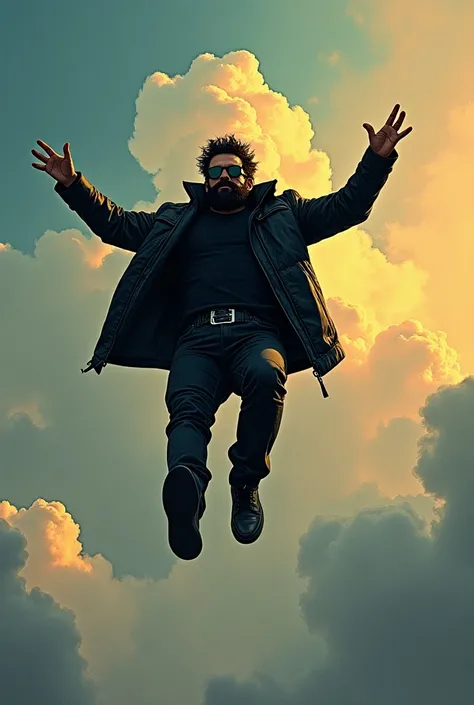 A man falling from the sky without a parachute, you can only see the clouds and the falling man is dressed in a black leather jacket, black pants, he has a black beard and dark sunglasses, the style is comic havy metal, cyber punk, strong colors.