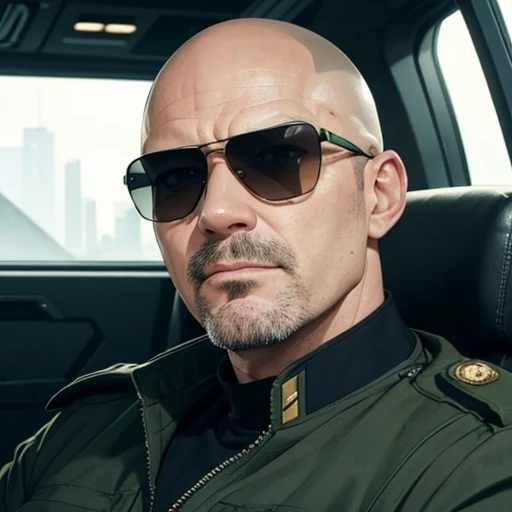 Middle-aged man, Bald Head, Bad guy face, Black Eyes, sunglasses, Commander, Inside the spaceship, Green military uniform