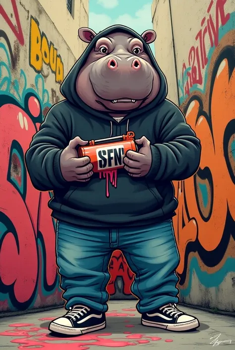 Créer moi une image dun hippopotame habillé en streetwear. Qui tient une bombe de peinture spray pour faire des graffiti. De la peinture coule un peu partout. Style street, hiphop, rap.