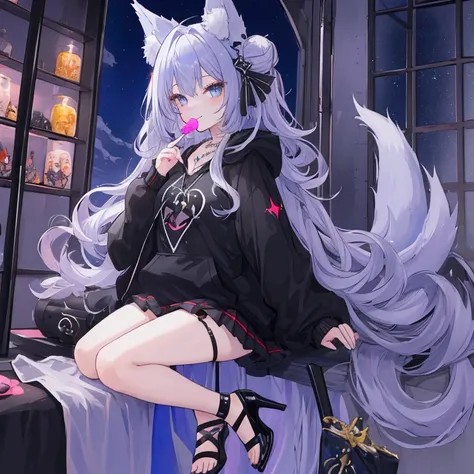  Best quality,  masterpiece,  HD,  Exactly,  rhinestones,  Night,  Full moon,  vor Shop,  Fox girl, fuchsohr, fox tail opened hoodie , schwarz, costs, playful ,schwarz, necklace,  Cross,  very short pleated skirt, schwarz/rot, black overknees transparent, ...