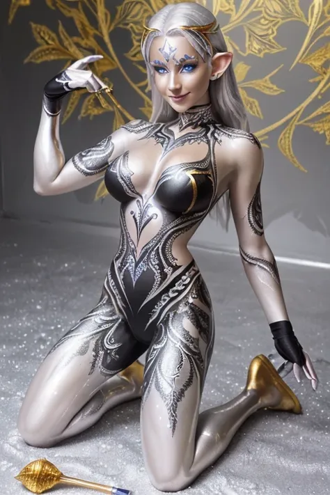 (sfw:1.3), high quality, elf, (full body silver body paint:1.5), (black gradient paint towards the tip of the arms and legs:1.3)...