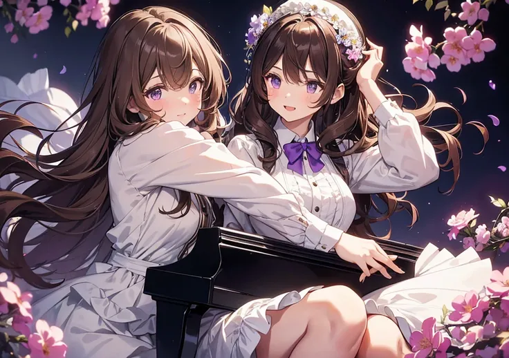 Beethovens Spirit: A cheerful girl with wavy brown hair styled like Beethovens signature look, dressed in a fluffy white dress with a hint of purple. She plays a grand piano surrounded by colorful flowers that dance to her music