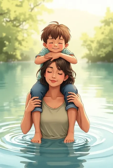 A boy ride on mother shoulder picture in water  colour