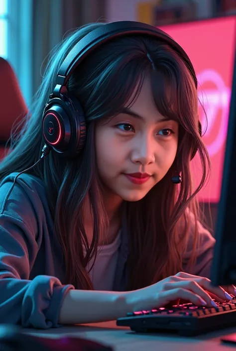 Create a realistic gamer girl with headset 