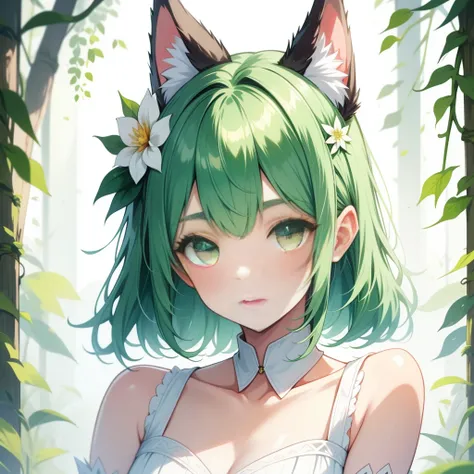 Wolf ears，1 female， Slightly shy， Grip Cheek Flower Hair Trim，green hair，Green eyes