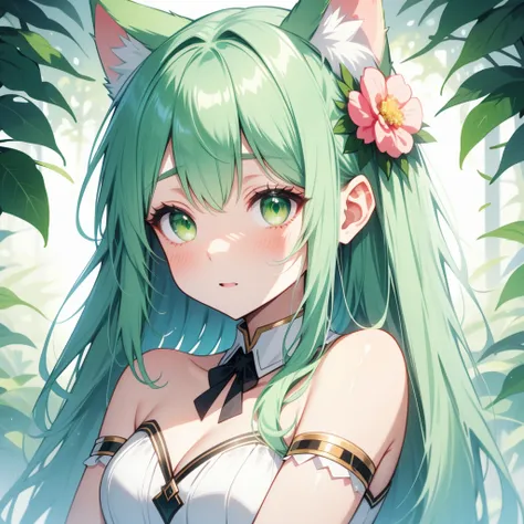 wolf ears，1 female， slightly shy， grip cheek flower hair trim，green hair，green eyes