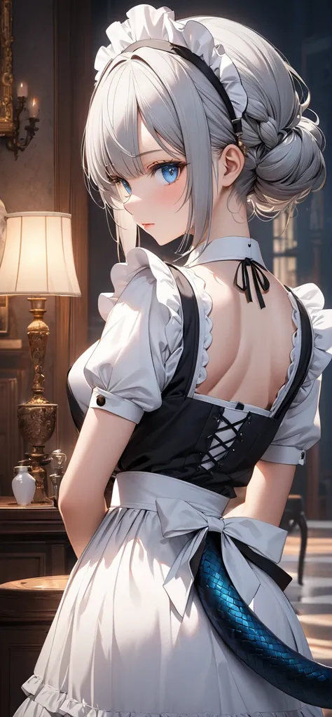 Ultra high resolution, rich colors, perfect image, top quality, detailed image, beautiful single woman, glowing skin, skin and clothing texture, delicate eyes, bisque style, interior, dragon maid, tail, back view, antique maid costume, silver bob hair, blu...