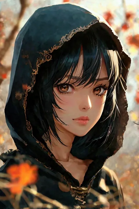 anime, brown eyes, black hair, Curly hair,Black hood, tomboy, (abs:1.4)
