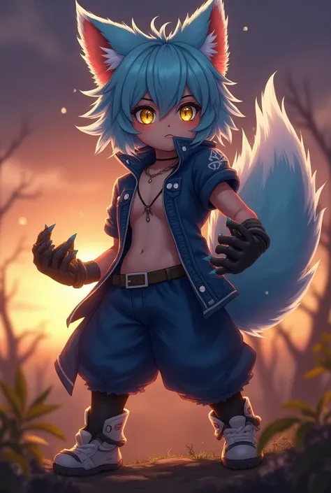 fox Light blue hair 　beast girl　indigo fur　fox beast girl　Sesshomaru, Yellow eyes, Anime, Perfect face, Perfect Lighting, Outdoors, Warm colors, Dark purple sky, Autumn sunset,   Bearing Claw, Ready to fight　fox Light blue hair 　beast girl　indigo fur　fox b...