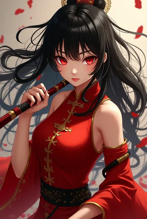 One woman，
 Black Hair,  Red Eyes，
red china dress
He has a whip in one hand
anime style, 