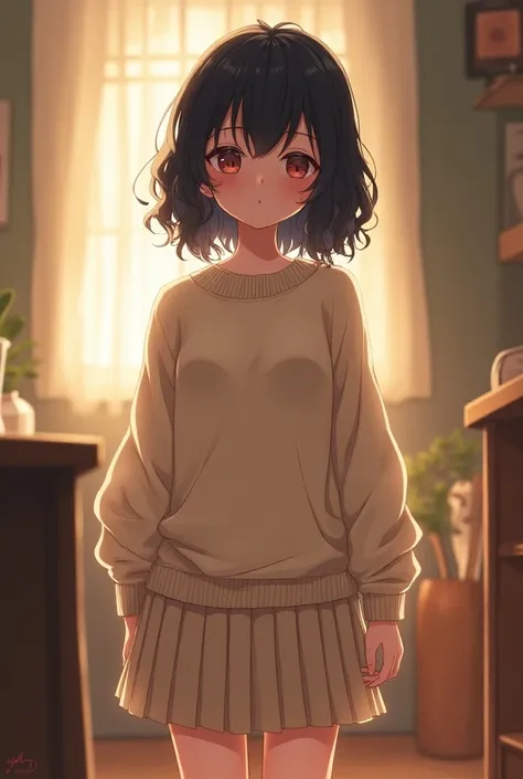 Give me a picture of Tsundere girl wearing oversize Sweater Dress with long Pleated Skirt!