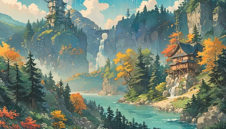 Cozy , studio ghibli inspired , landscape , forest , river