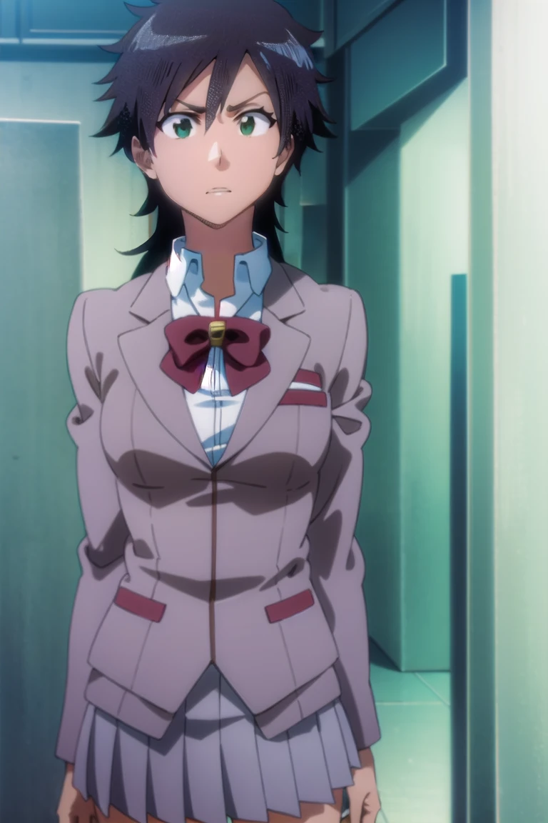 tatsuki, tatsuki, short hair, black hair, very long hair, (brown eyes:1.5), BREAK skirt, bow, school uniform, jacket, blazer, red bow, long sleeves, grey blazer, grey skirt, BREAK looking at viewer, upper body, full body, cowboy shot, BREAK indoors, BREAK ...