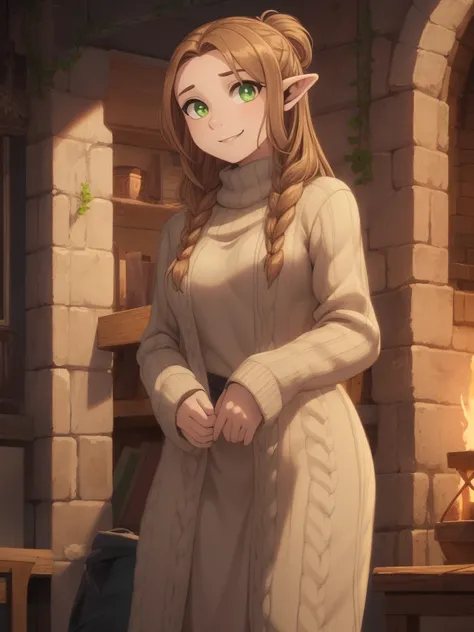 A stunning masterpiece of a high-res portrait of a beautifully detailed girl with long, shiny brown hair and mesmerizing green eyes, wearing a cozy sweater and flashing a gorgeous smile that accentuates her small yet perfectly-formed breasts.