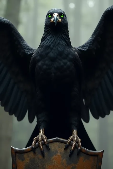 black eagle. The eagles wings are spread wide, and its perched atop a shield. The eagles eyes are a piercing green, and its talons are gripping the shield.