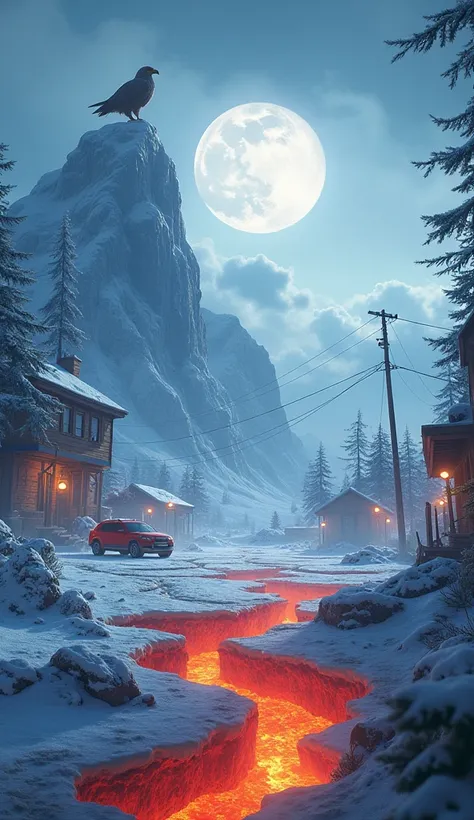 Pubg mobile lobby theme inspired by other pubg events having broken bulidings drop and broken dacia car in background , atmosphere ice and fire . Beautiful nature particals . With frozen sun and gaint ice eagle on top of mountain and no trace of human bein...