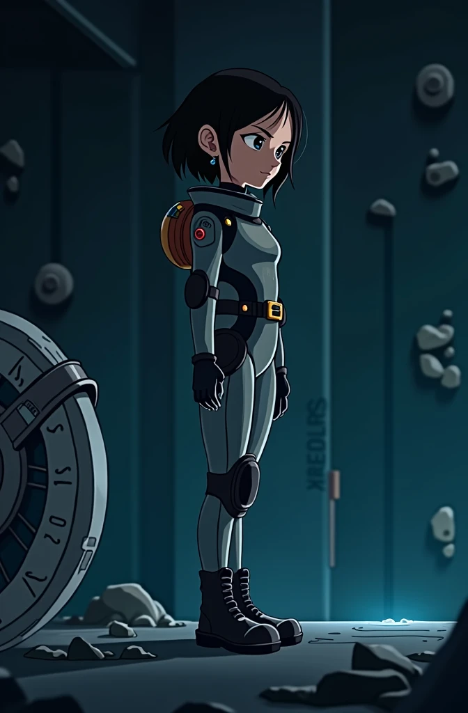 1 female , 9y, standing, tight space 
suit, 1:3, earrings, slim body, side view, facing slightly forwards, no breasts, waist belt, blue eyes