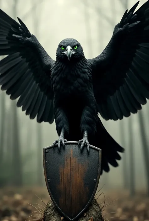 black eagle tatto. The eagles wings are spread wide, and its perched atop a shield. The eagles eyes are a piercing green, and its talons are gripping the shield.