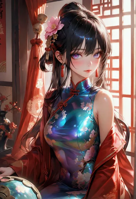 dark iridescent hair, iridescent eyes,hourglass body figure,sitting in cheongsam.masterpiece, super detail,detailed eyes, best quality, 8k,realistic