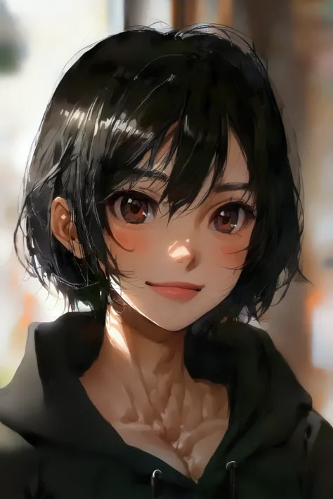 anime, brown eyes, black hair, short Curly hair, Black hoodie, tomboy, (abs:1.4)
