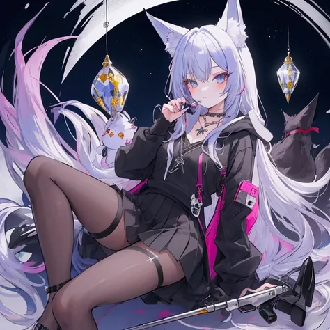  Best quality,  masterpiece,  HD,  Exactly,  rhinestones,  Night,  Full moon,  vor Shop,  Fox girl, fuchsohr, fox tail opened hoodie , schwarz, costs, playful ,schwarz, necklace,  Cross,  very short pleated skirt, schwarz/rot, black overknees transparent, ...