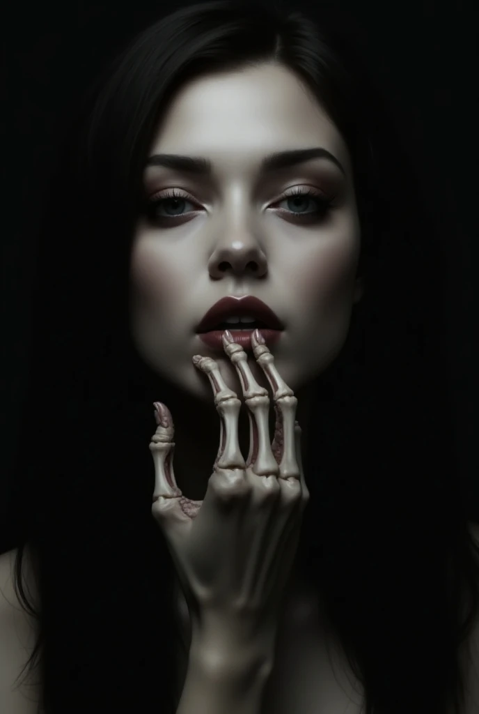 Sexy woman with skeleton hand in mouth