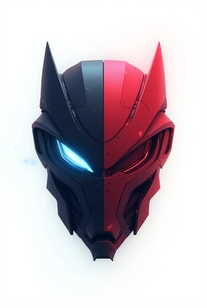 Create cyborg mech sci-fi visor face the  right side is red and the left side  blue as a symbol with theme cyberpunk with white background 
Make it simple as logo with electric particle