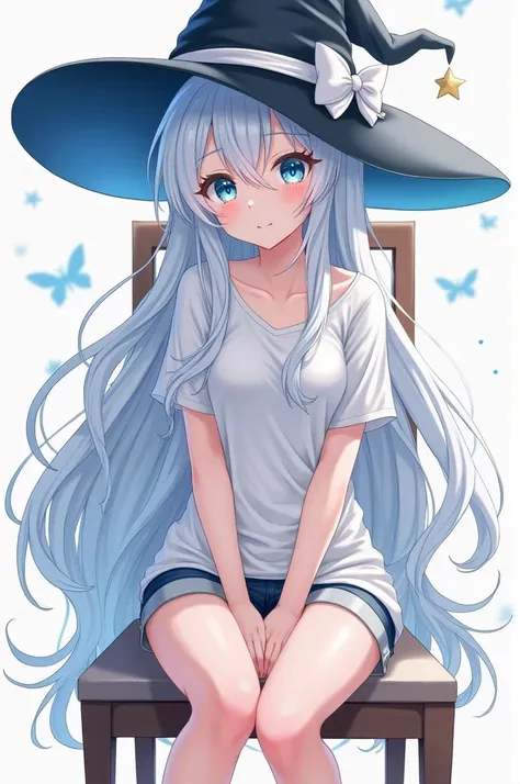 Anime girl, onesan, white hair, long hair, blue eyes, shorts pants, girl sit in plain chair, witch hat