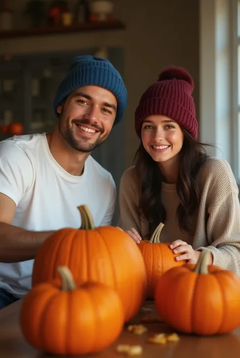 1 man, 1 woman, smiling shaven young man with short buzzcut hair ,white t-shirt, jeans, blue beanie, young woman , short dark brown hair with burgundy highlights, in ponytail, burgundy beanie, sitting at kitchen table carving pumpkins, carved pumpkins on t...