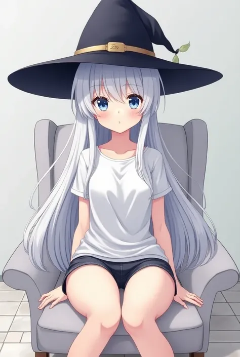 Anime girl, onesan, white hair, long hair, blue eyes, shorts pants, girl sit in plain chair, witch hat, curretly boobs