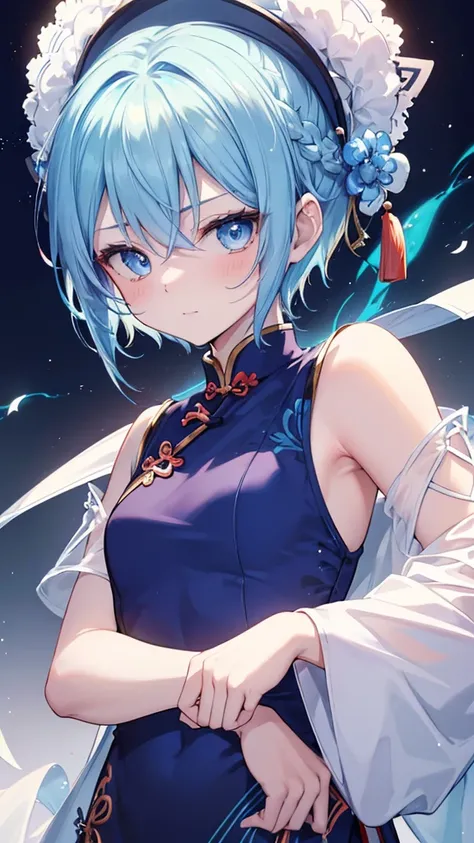 (Best Quality, very detailed,China Musume ,He has an embarrassed look on his face.),Blue Hair, short hair,Wearing a Chinese dress,cute,blue eyes, Her Highlights Are Bright White.,Her eyes are white and shining,