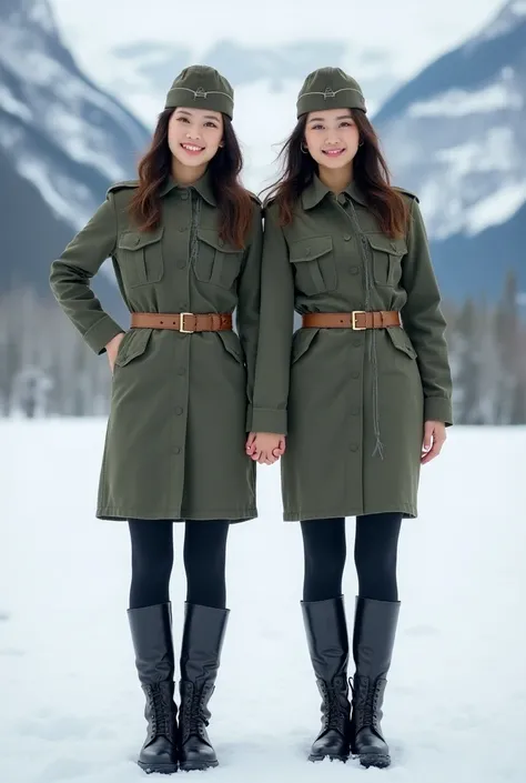 Two young Asian girls in tight military uniforms show off their buttocks... They have beautiful eyes.., Big butt, Stand and hold hands., With a backdrop of snow-covered mountains..Smile for the camera