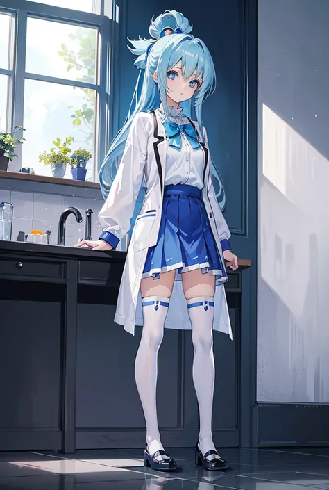  masterpiece ,   best quality, high quality, height, 1 girl, alone, water (Konosuba ), blue hairผมยาว, blue eyes, White shirt , Long Lab Coat,  Black Work Skirt , thighhighs,  full body , Standing,  hand in pocket, bored, Depth of field, laboratory,