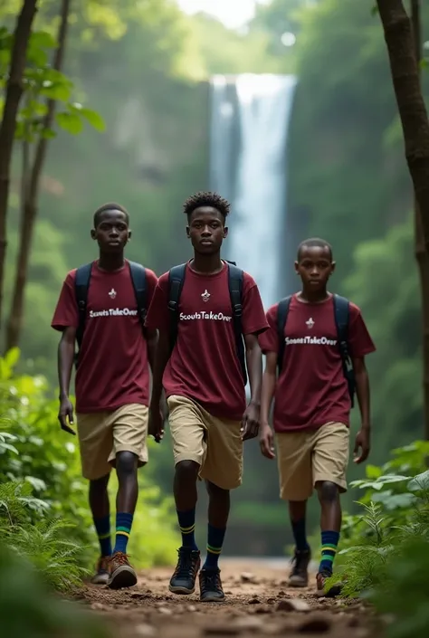 African scouts wearing  marron tshirts written scoutstakeover 2024 and khaki shorts ,navy blue socks with two green strips in a nature forest having a waterfall 