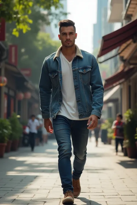 make a picture of a handsome javanese man walking on the sidewalk wearing a levis jacket