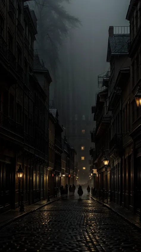 A dimly lit Victorian street in a dense fog, gas lamps casting a soft glow on cobblestone roads. Silhouettes of horse-drawn carriages and mysterious figures walking through the mist. A quiet, haunting aura fills the air. (Vertical, realistic, Victorian got...